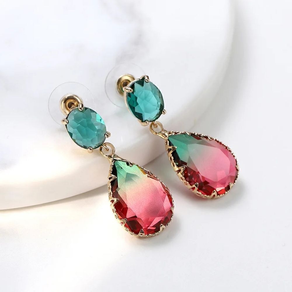 Gemstone Drop Earrings Red Green Gold plated Fashion - Picture 3 of 4